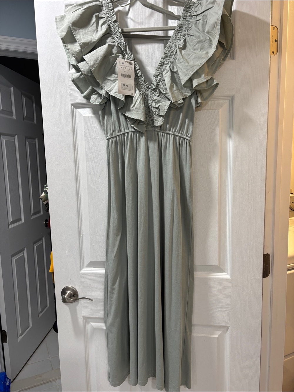 Zara Sage Green Ruffled V-Neck Maxi Dress